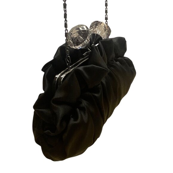 Lulu Townsend Black Satin With Rhinestone Clasp & Chain Strap Evening Clutch - Picture 6 of 11